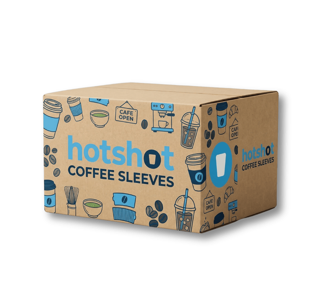 custom printed coffee packaging box with hotshot branding and cafe illustrations